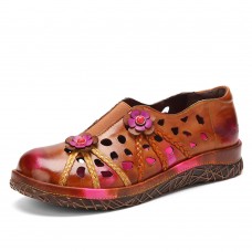  Genuine Leather Handmade Woven Comfy Breathable Hollow Ethnic Floral Embellished Flat Shoes