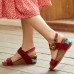  Leather Vintage Flowers Printing Hook Loop Comfy Stripe Wedge Sandals