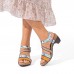  Genuine Leather Casual Bohemian Ethnic Floral Print Colorblock Comfy Heeled Sandals