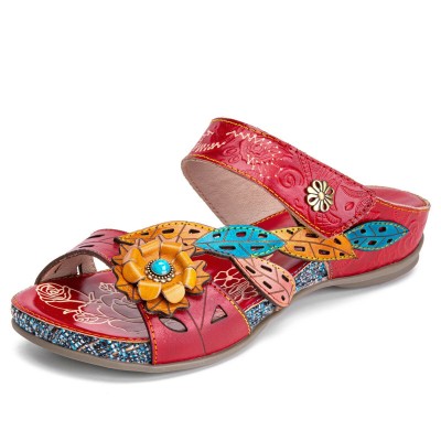  Retro Casual Flowers Calico Comfy Flat Stripe Sandals