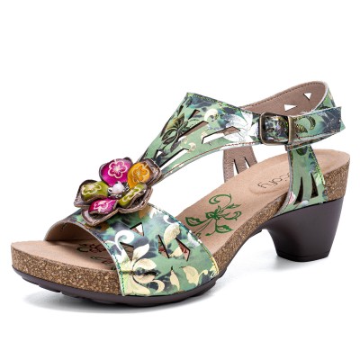  Genuine Leather Casual Bohemian Sequins T  Strap Heeled Sandals