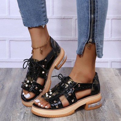 Plus Size Women Casual Fashion Rivet Decor Lace  up Sandals