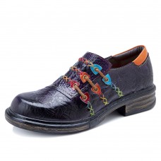  Retro Ethnic Loafers Shoes Printed Embossed Patched Stitching Leather Side Zipper Flats