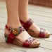  Leather Vintage Flowers Printing Hook Loop Comfy Stripe Wedge Sandals