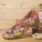 SOCOFY Retro Flower Decor Printed Cowhide Leather Stitching Cloth Comfy Round Toe Casual Flat Shoes