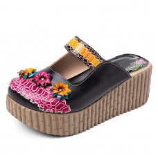  Leather Vintage Floral Hard Wearing Backless Platform Sandals