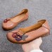 Women Vintage Floral Round Toe Genuine Leather Soft Sole Slip On Comfy Flats