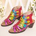  Genuine Leather Comfy Summer Vacation Bohemian Ethnic Colorblock Heeled Sandals