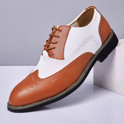 Men Leather Vintage Brogue Engraved British Lace  Up Business Dress Shoes