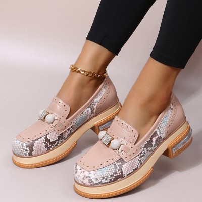 Plus Size Women Casual Fashion Rhinestone Decor Snakeskin Colorblock Loafers Shoes